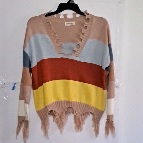 A Peach Love California Junior's Sweater Raggedy Distressed Striped Grungy L - Picture 1 of 11